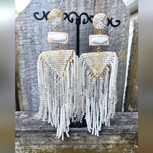 Elegant Cream Beaded Fringe Earrings